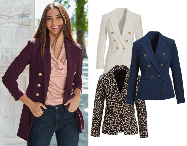 model wearing a plum double-breasted blazer, light pink cowl neck top, and jeans. blazer also shown in white, navy, and leopard print.